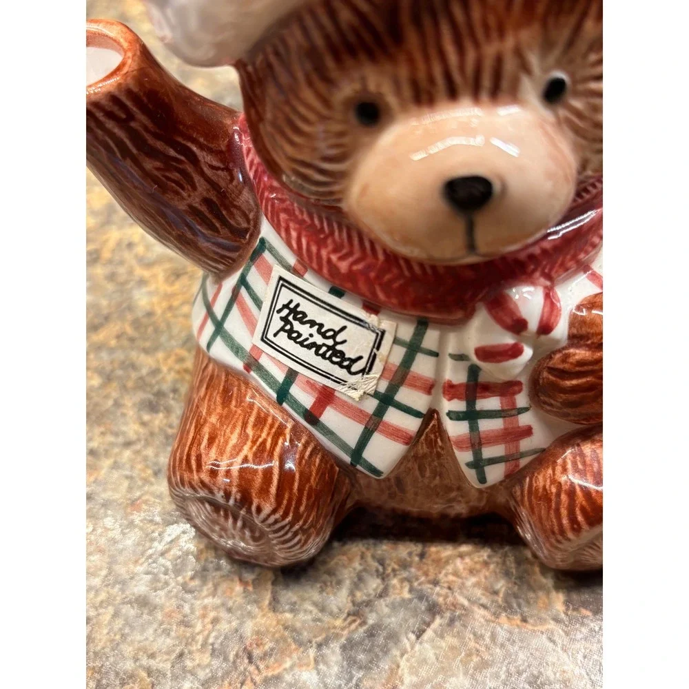 1991  Fitz & Floyd Christmas Teddy Bear Ceramic Teapot Santa Hat Plaid Vest VTG